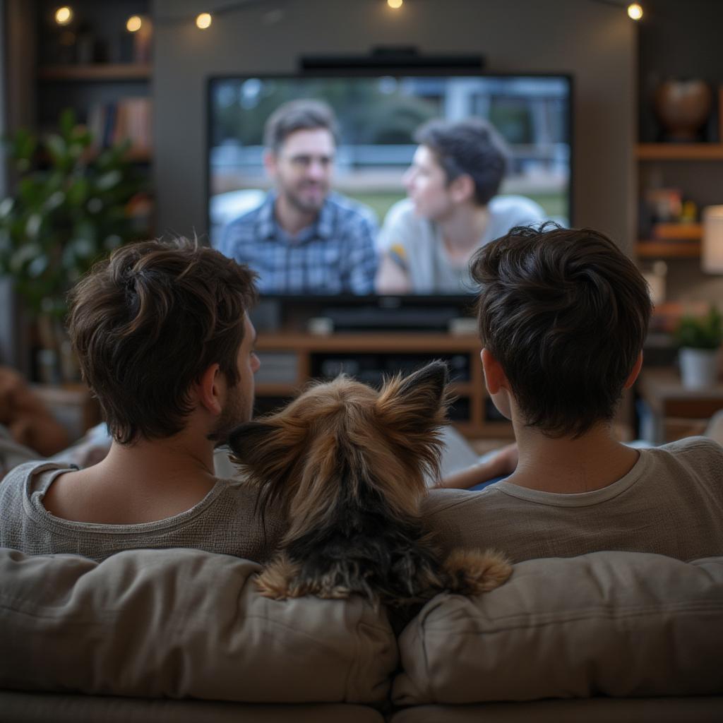 people and dog watching tv night