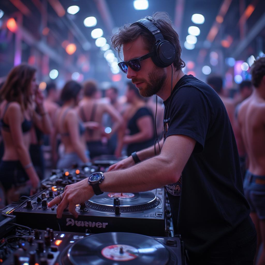 DJ Spinning Vinyl at a Dance Disco Party