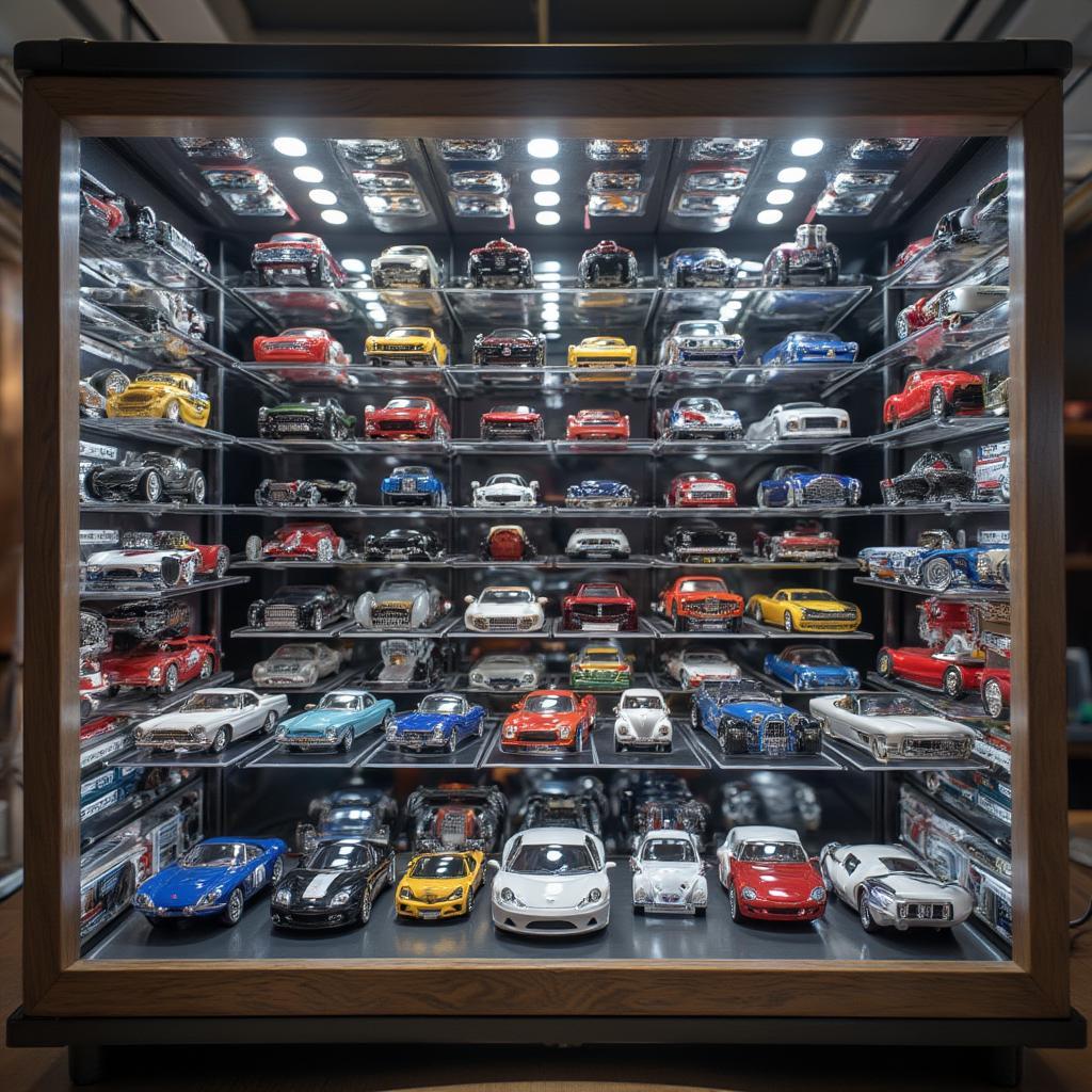 Diecast car collection displayed in a dust-free case