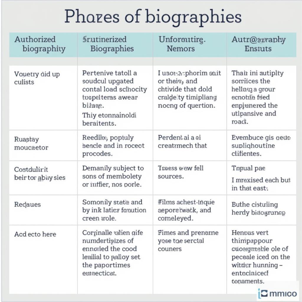 A table comparing different styles of biography books, highlighting their key characteristics and differences.