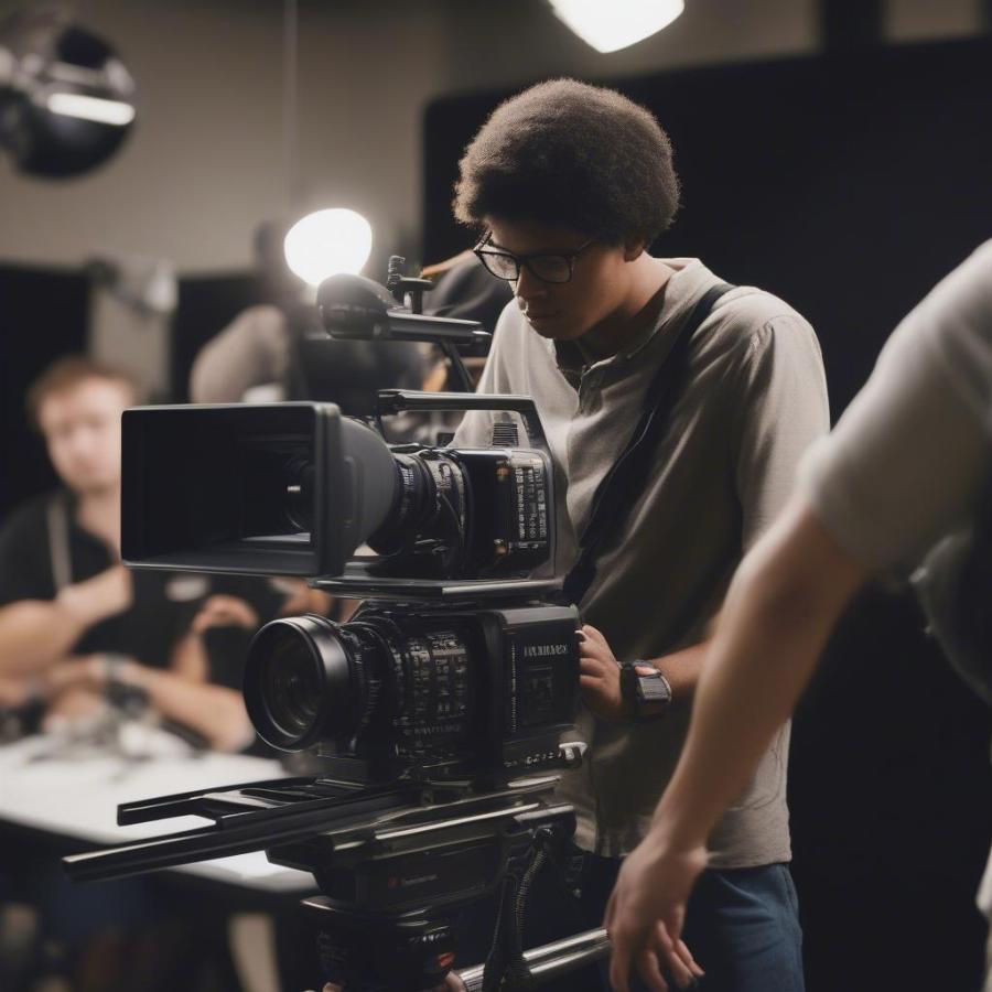 A film student operates a camera on a film set, surrounded by crew members and equipment