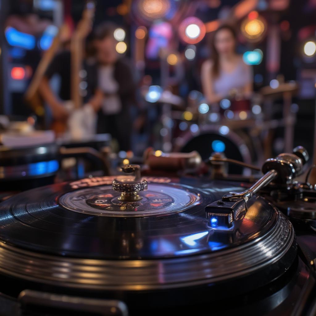 Close-up of a vintage record player playing a vinyl record with the label visible, showcasing the title and genre, with disco and jazz elements in the background