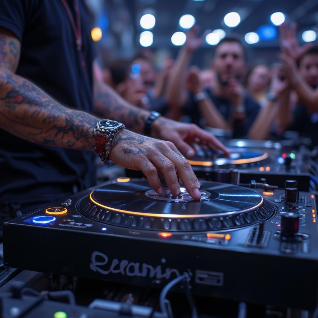 DJ Playing Vinyl Records at a Disco Tech House Event