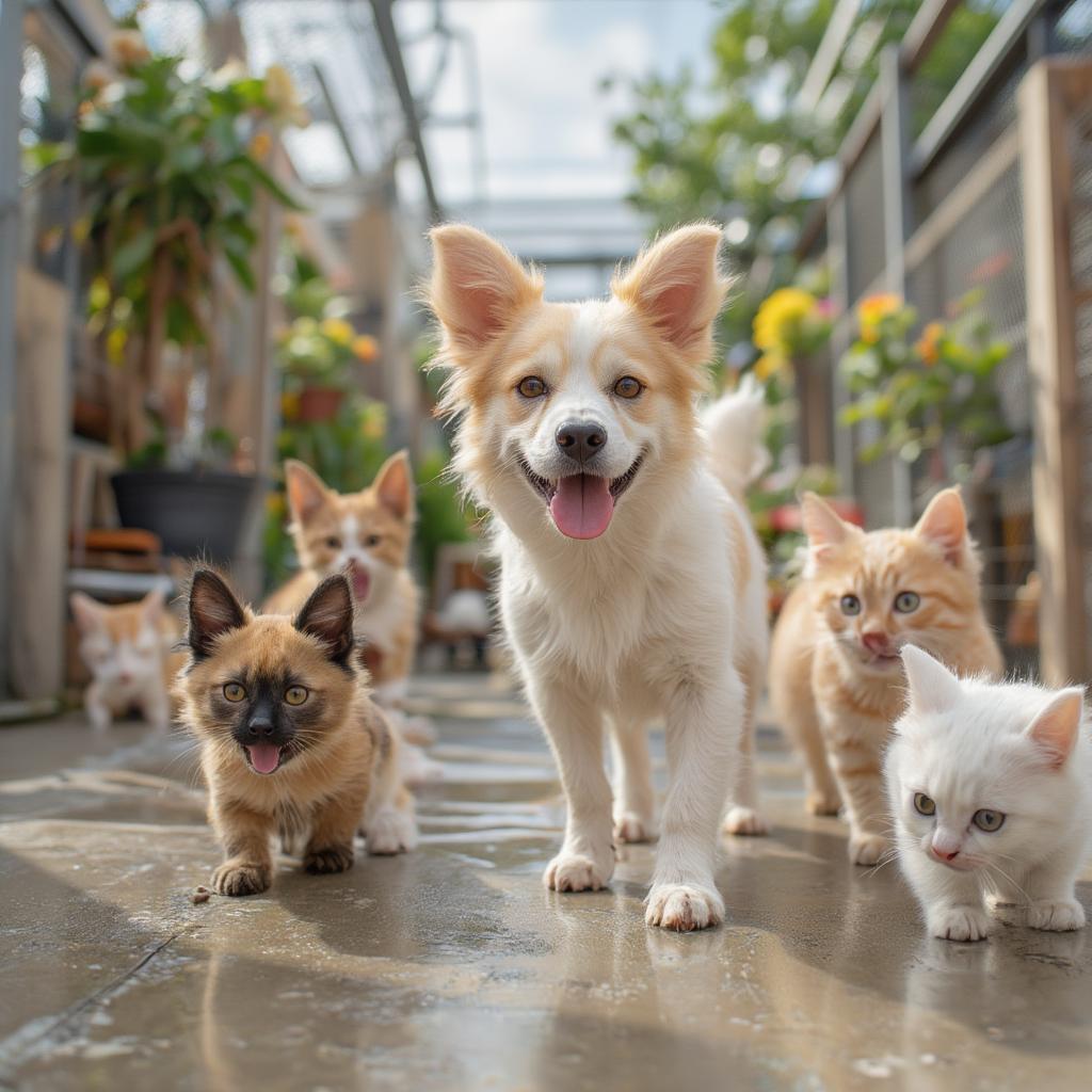 A diverse group of happy and healthy adopted dogs and cats playing together at an animal shelter.