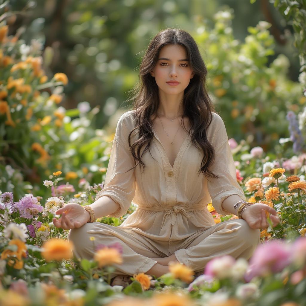 Woman meditating in a peaceful garden setting