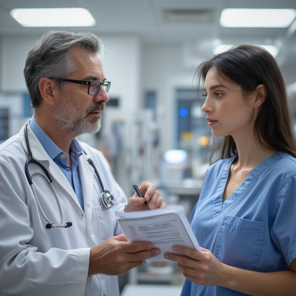 Doctor consulting with a patient about their health in a clinic room.