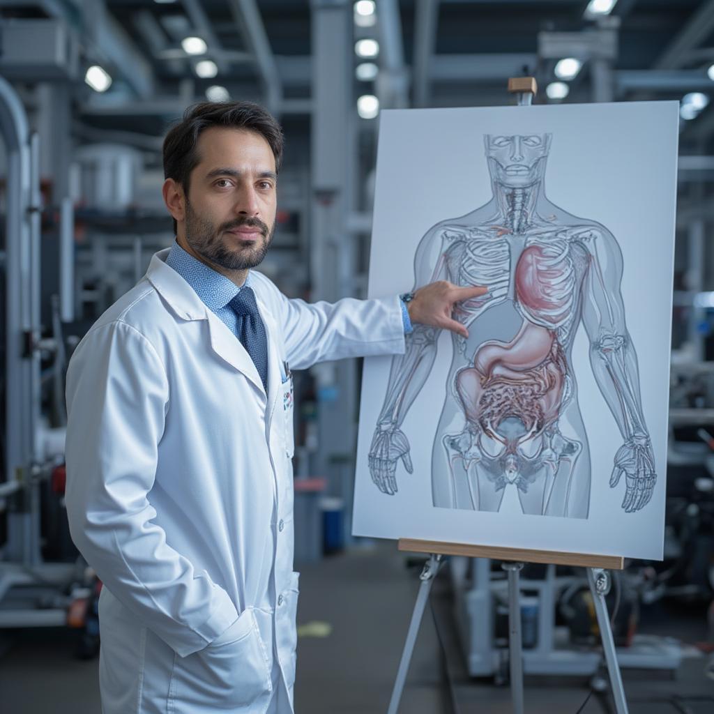 doctor showing male body diagram with prostate highlight