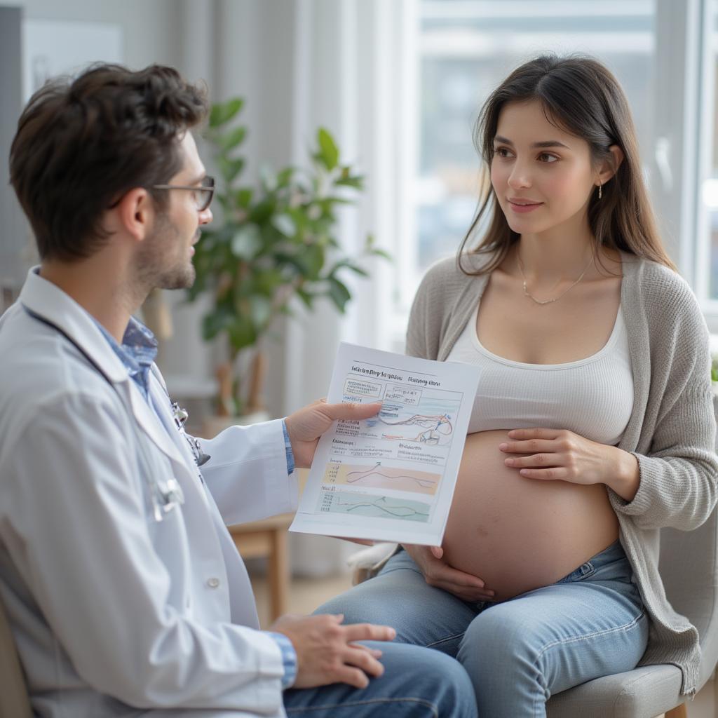 Doctor consulting with a pregnant patient about healthy weight gain.