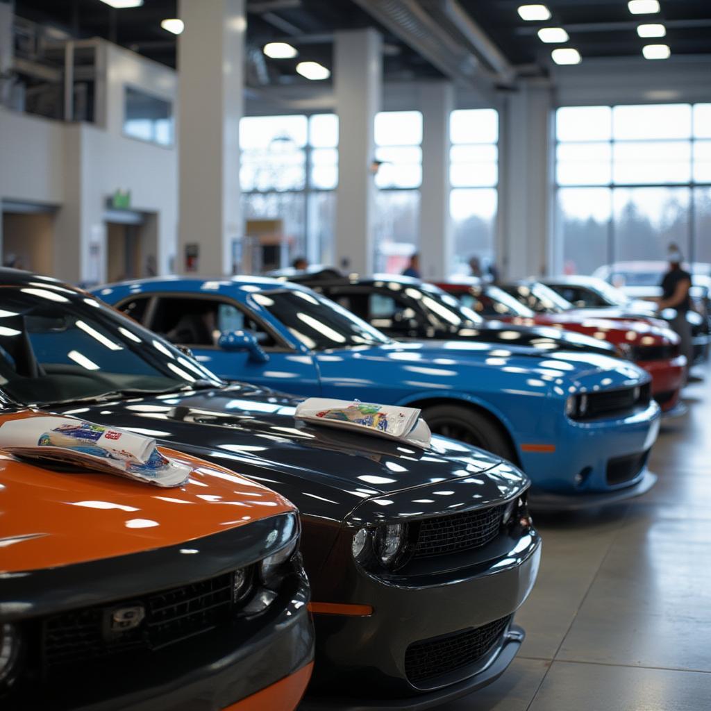 Dodge Challenger Lineup at Dealership Showroom