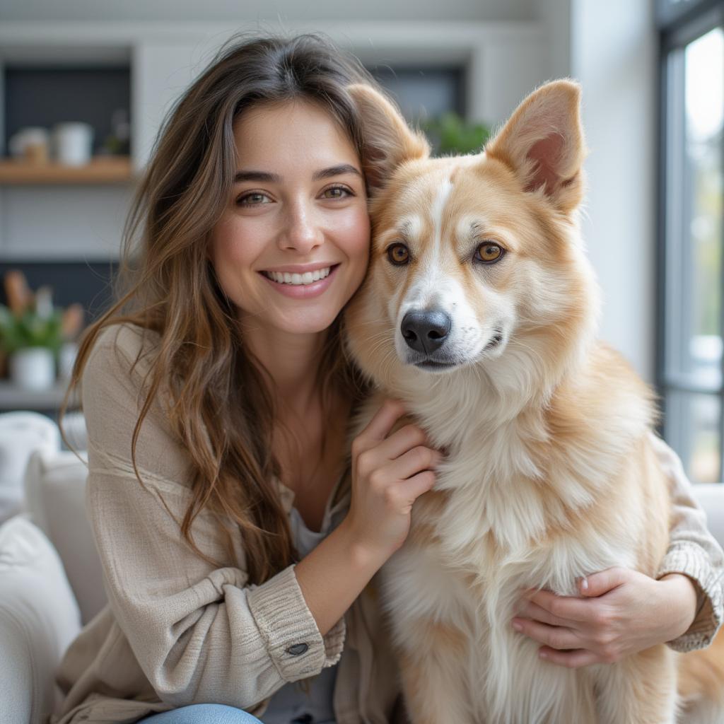 Smiling woman hugging adopted dog