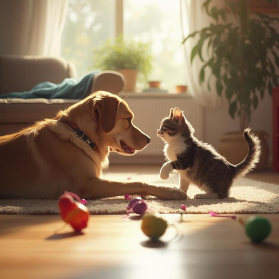 A newly adopted dog and cat playing together in their new home.