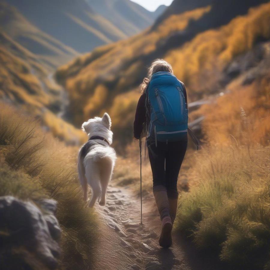 A dog and owner hiking in the mountains