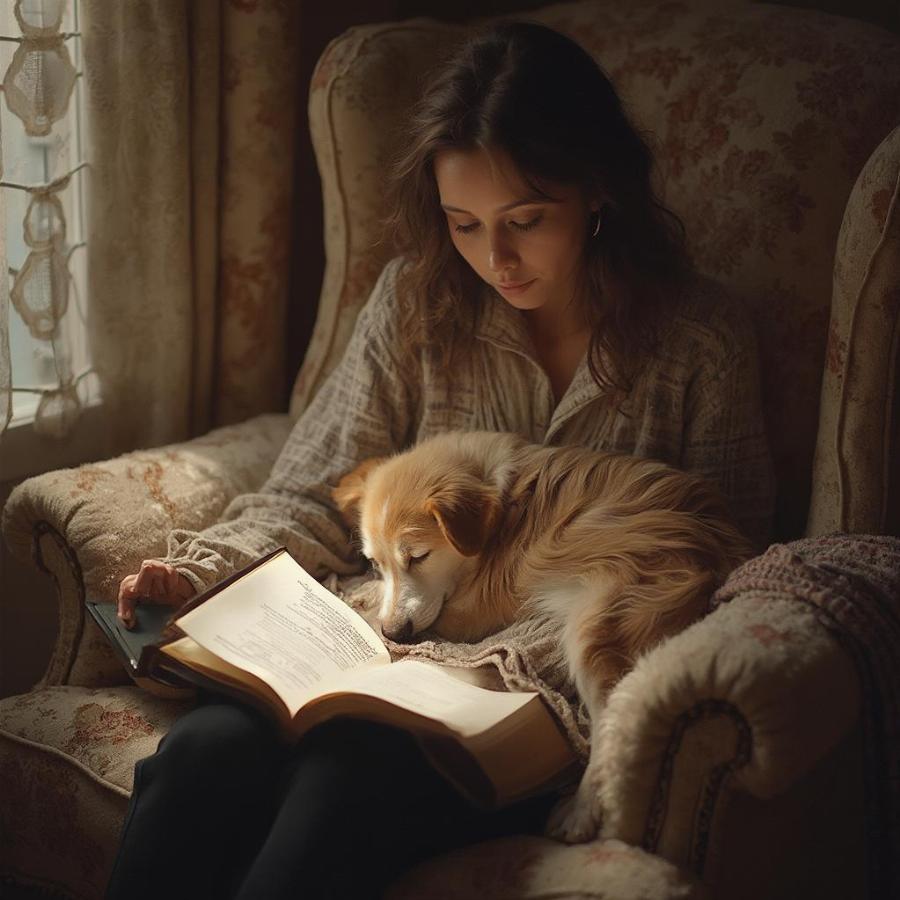 Dog and Owner Reading Together: A heartwarming image of a dog cuddling with its owner while they read a book together, emphasizing the bond and shared enjoyment of reading.