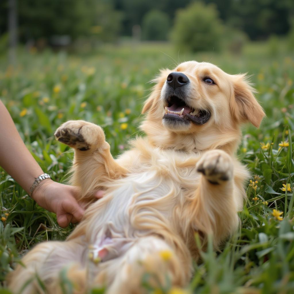 happy dog enjoying belly rub in grass