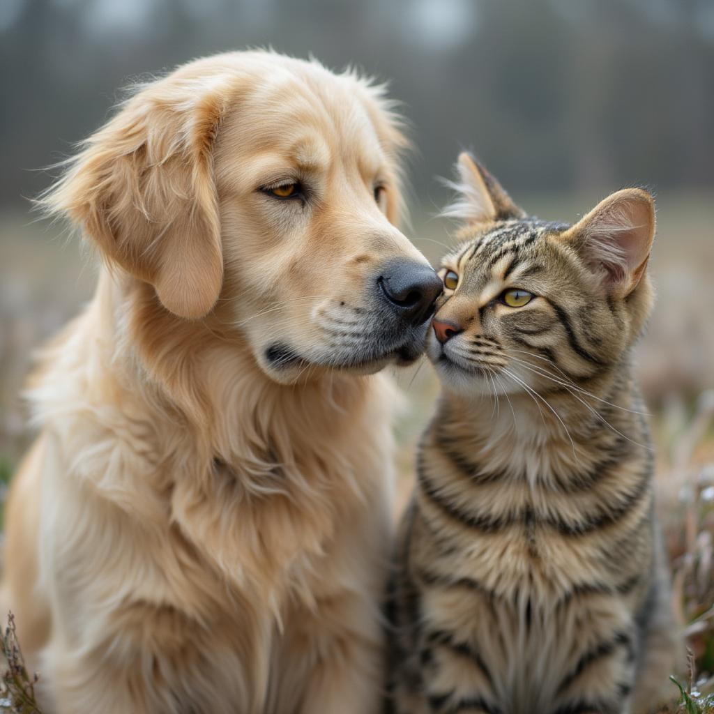 close-up of a dog and a cat touching noses