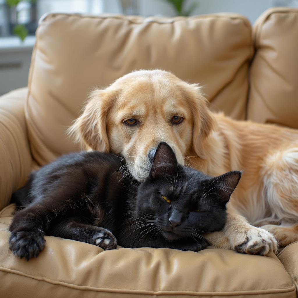 dog and cat getting along at home