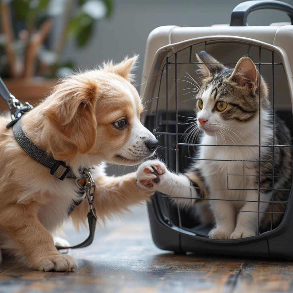 dog and cat meeting for the first time in neutral space