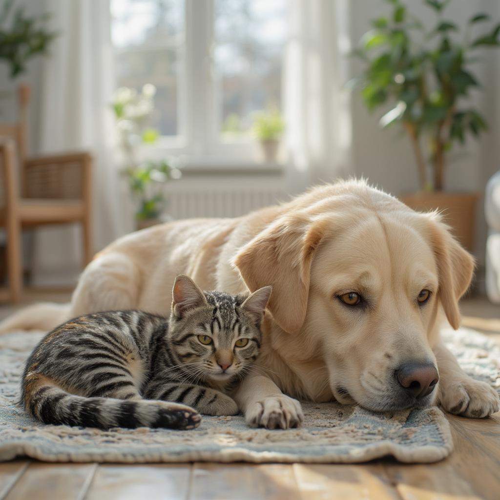 Dog and cat relaxing together