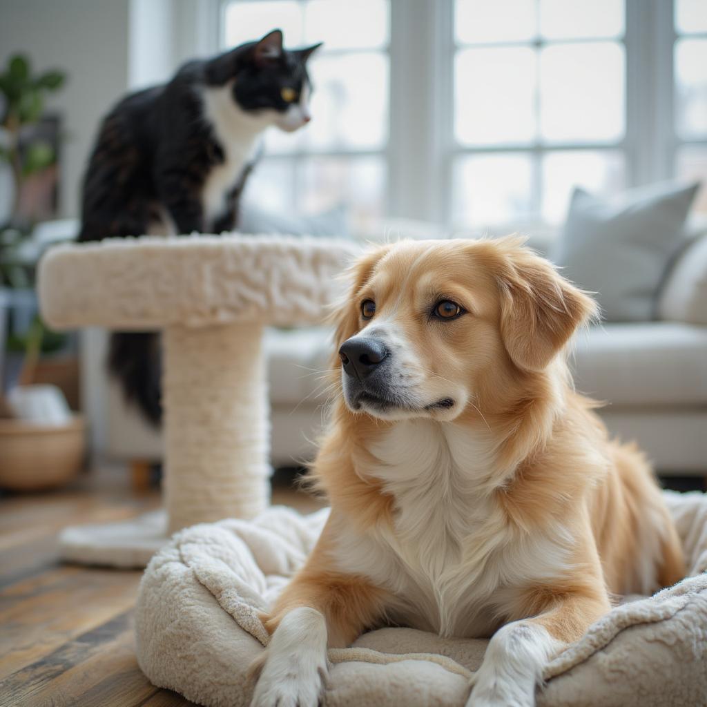 Dog and cat having safe space interaction