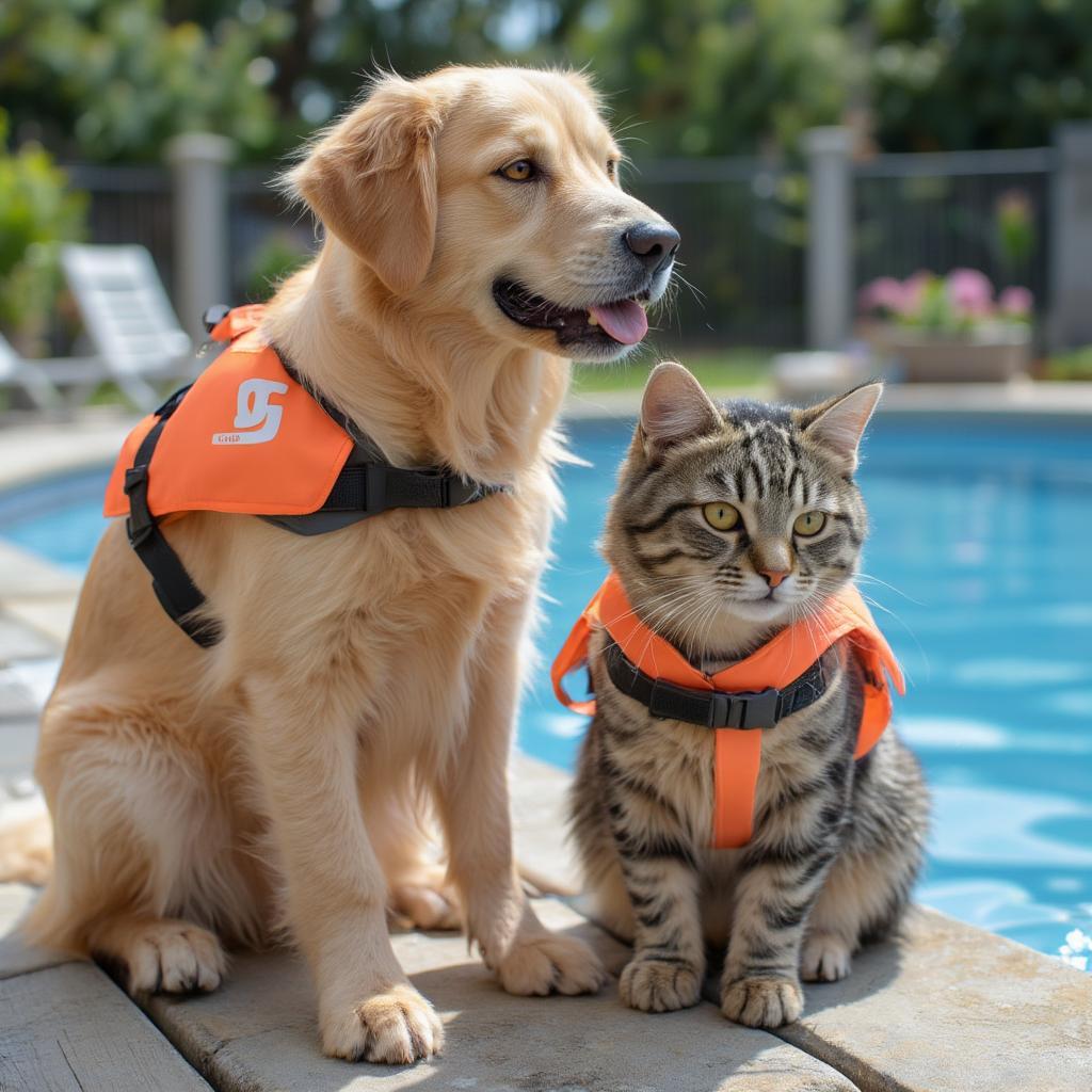 dog and cat wearing life vests near a pool