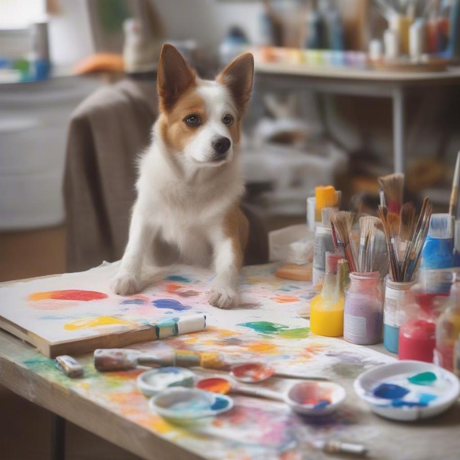 Dog Creating a Picture Book with Paw Prints