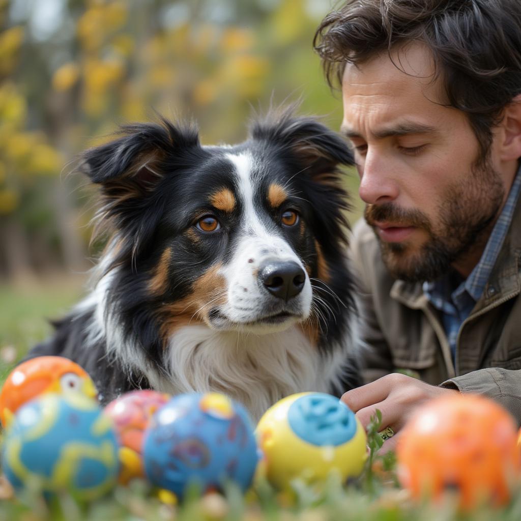 Dog learning new tricks with colorful toys