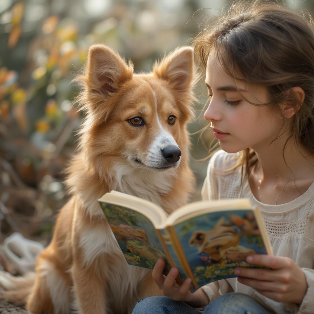 Dog attentively listens to owner reading story book