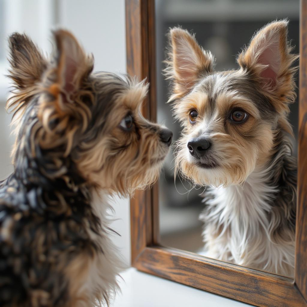 Confused dog looking in the mirror