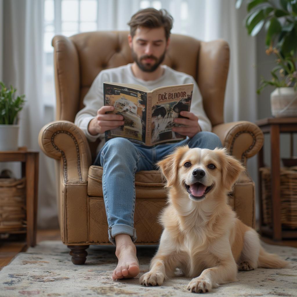 person reading book about dog behavior