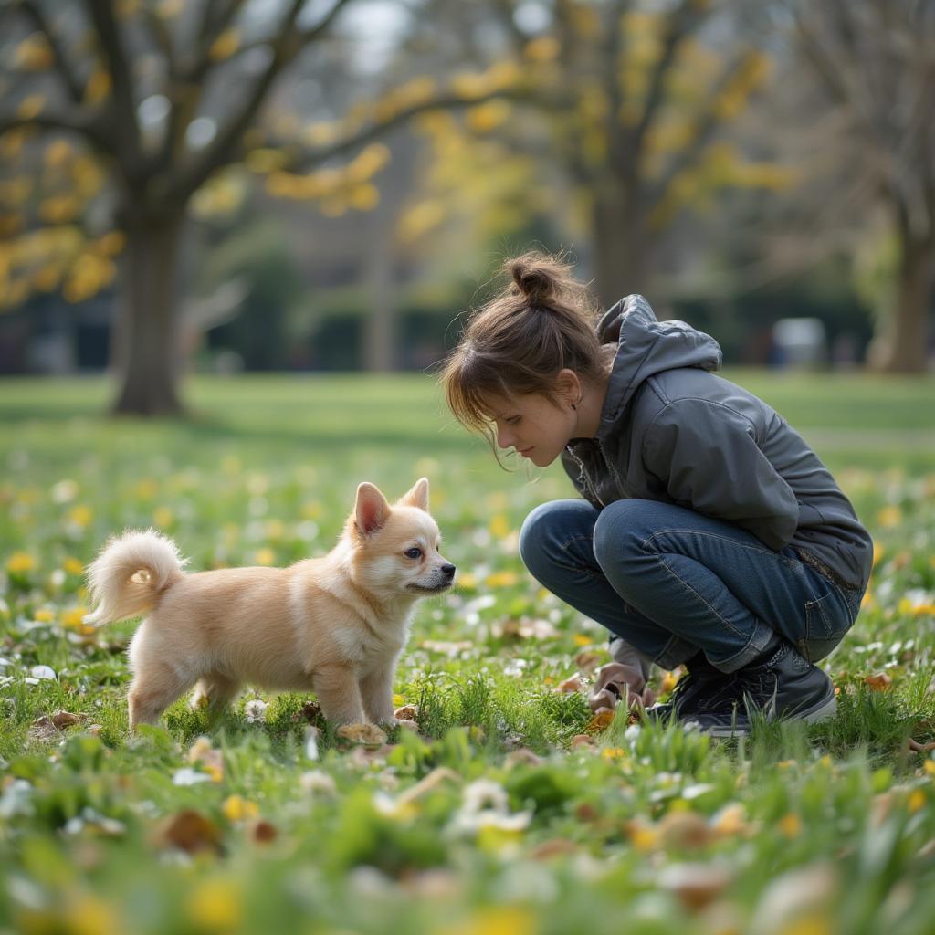 person carefully observing dog outdoors