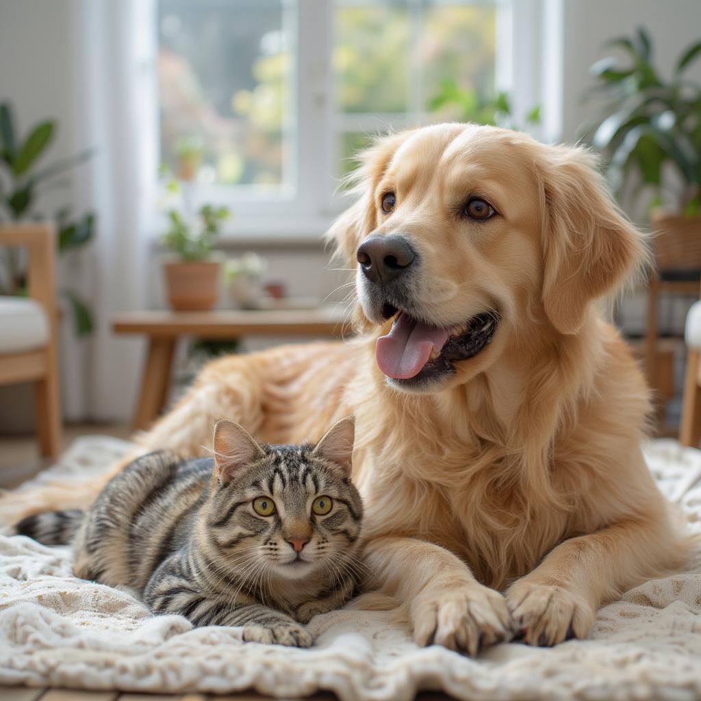 Dog and Cat Playing Together in a Cozy Living Room