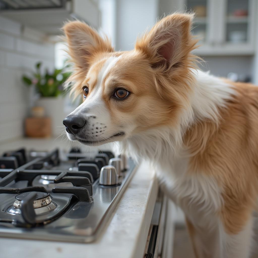 Dog detecting a gas leak in a kitchen