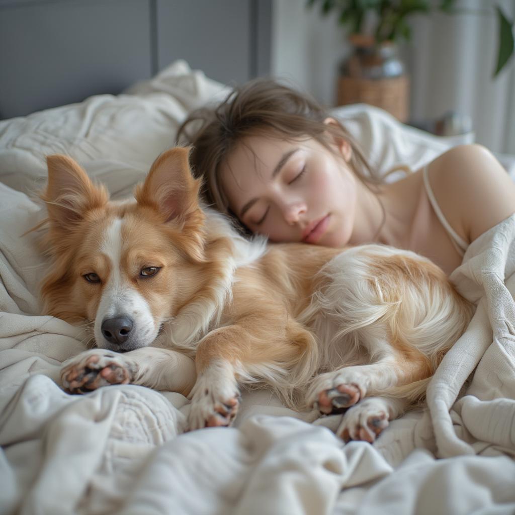 dog sleeping with human on bed