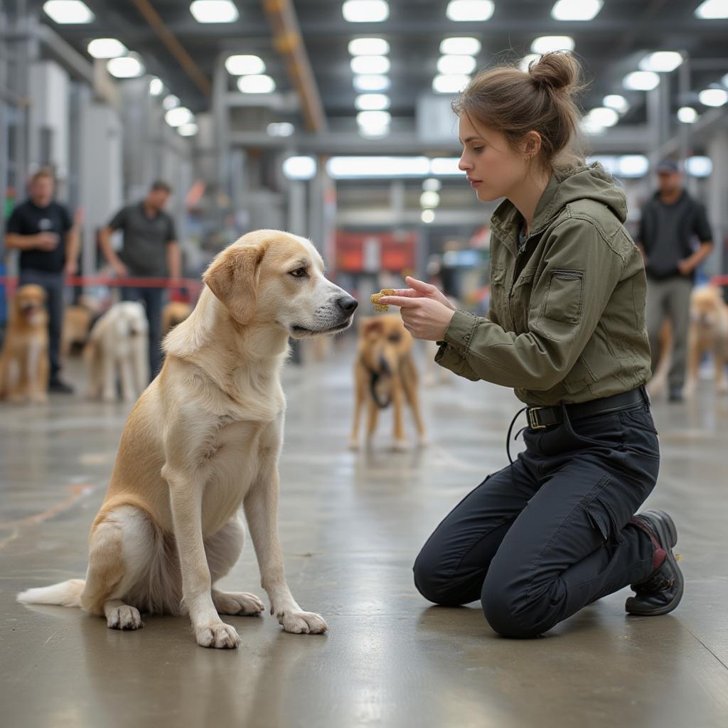 A dog trainer patiently teaching basic commands to a mixed-breed dog using positive reinforcement techniques.