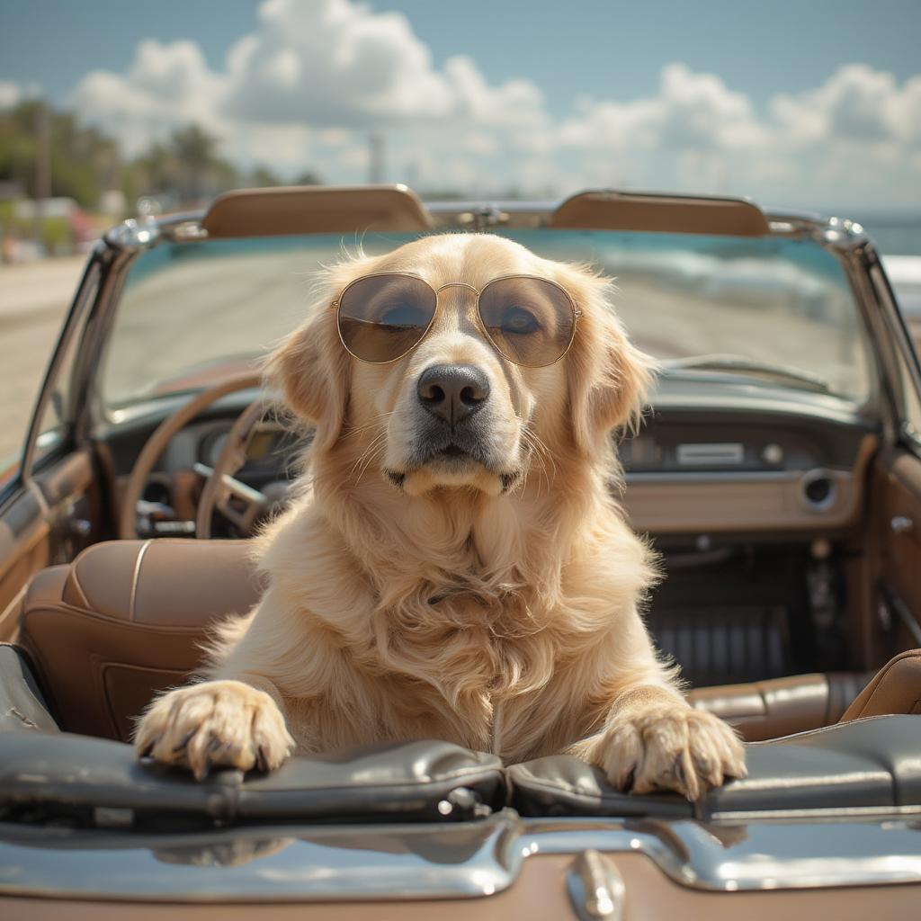 Dog Wearing Sunglasses Behind the Wheel