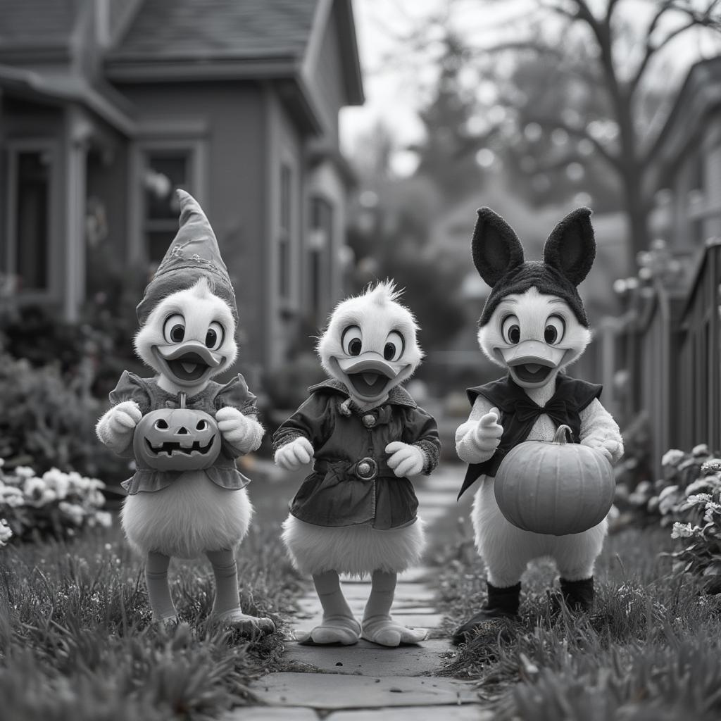 Donald Duck and his Nephews Trick-or-Treating in a Vintage Halloween Scene