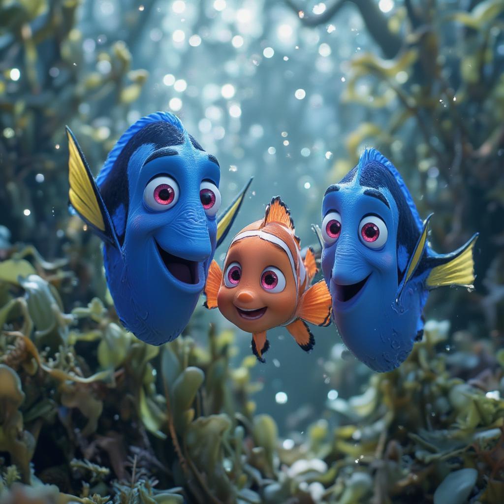 Dory, Marlin, and Nemo swimming together on an adventure