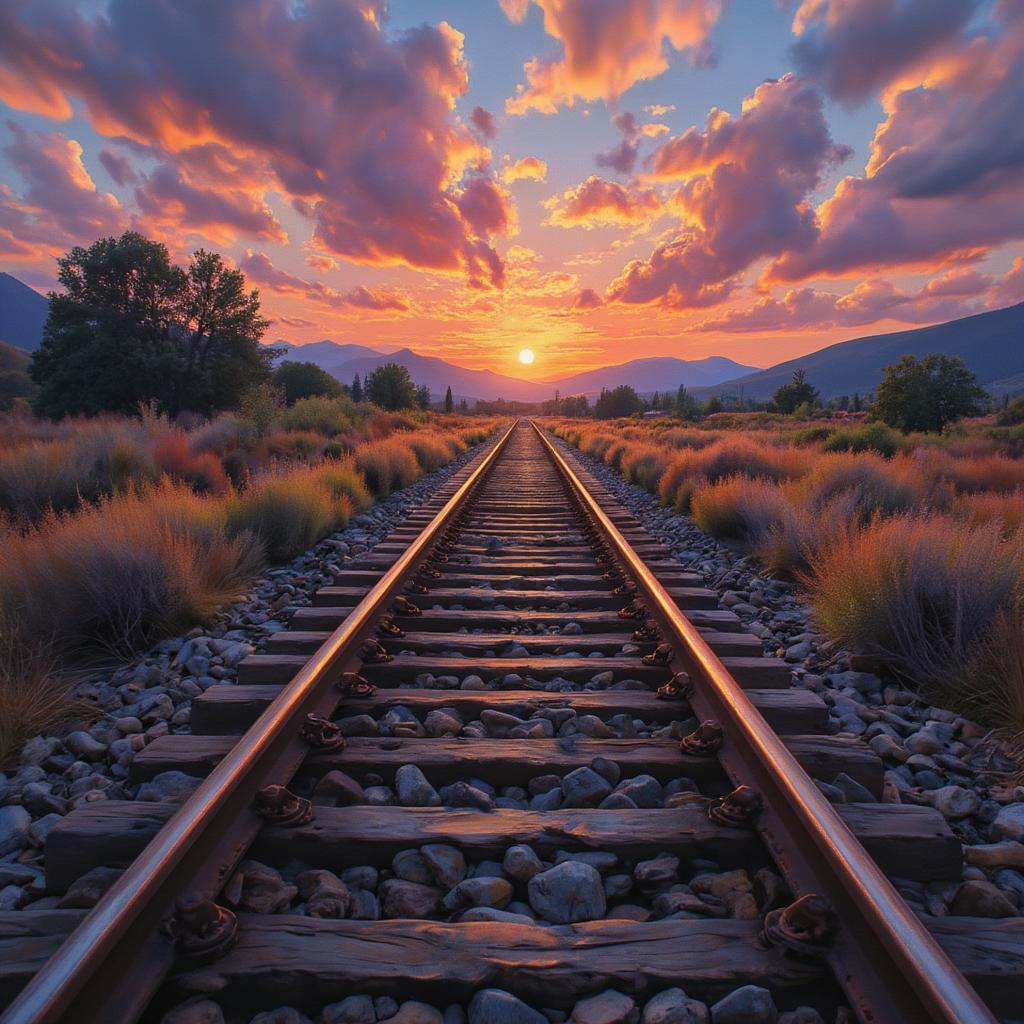 Bob Dylan painting depicting train tracks disappearing into the horizon