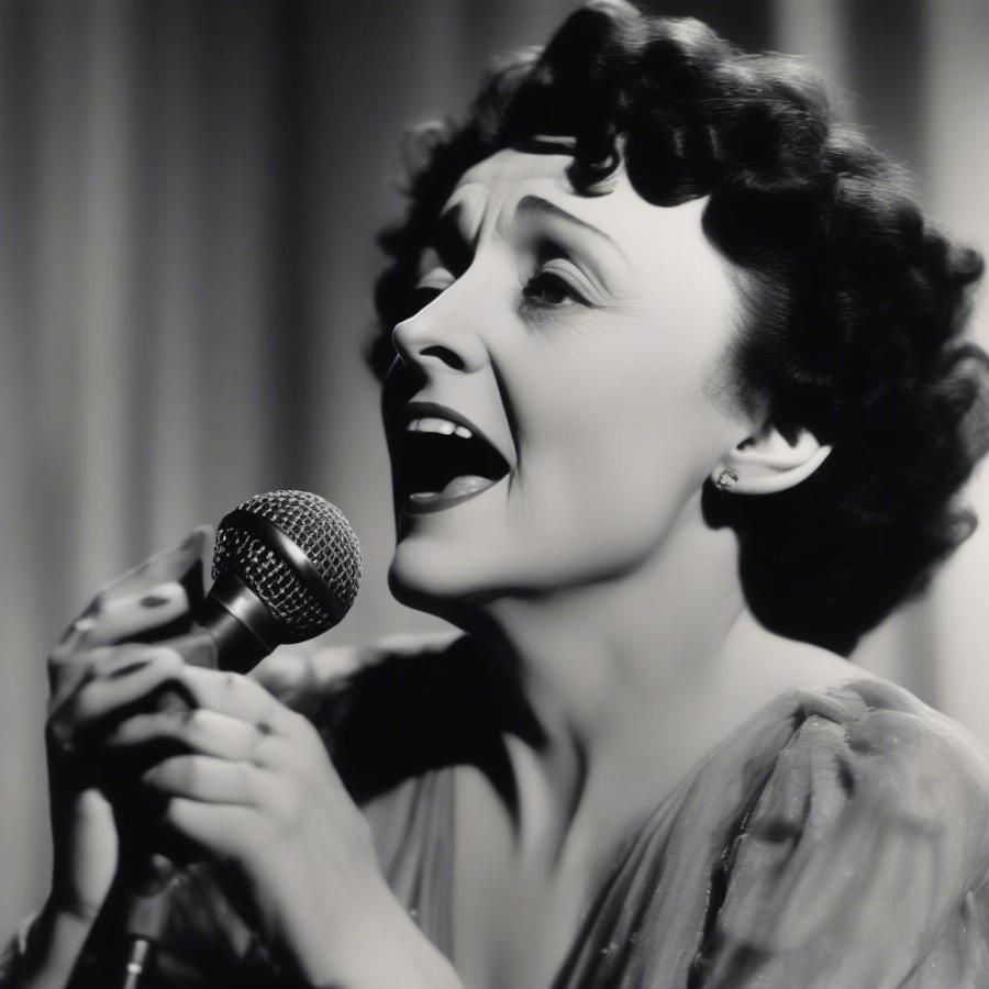 Edith Piaf singing La Vie en Rose: A vintage black and white photo captures Edith Piaf in a captivating performance of her iconic song, "La Vie en Rose." Her expressive eyes and passionate delivery convey the song's deep emotion, offering a glimpse into the heart of the legendary French chanteuse.