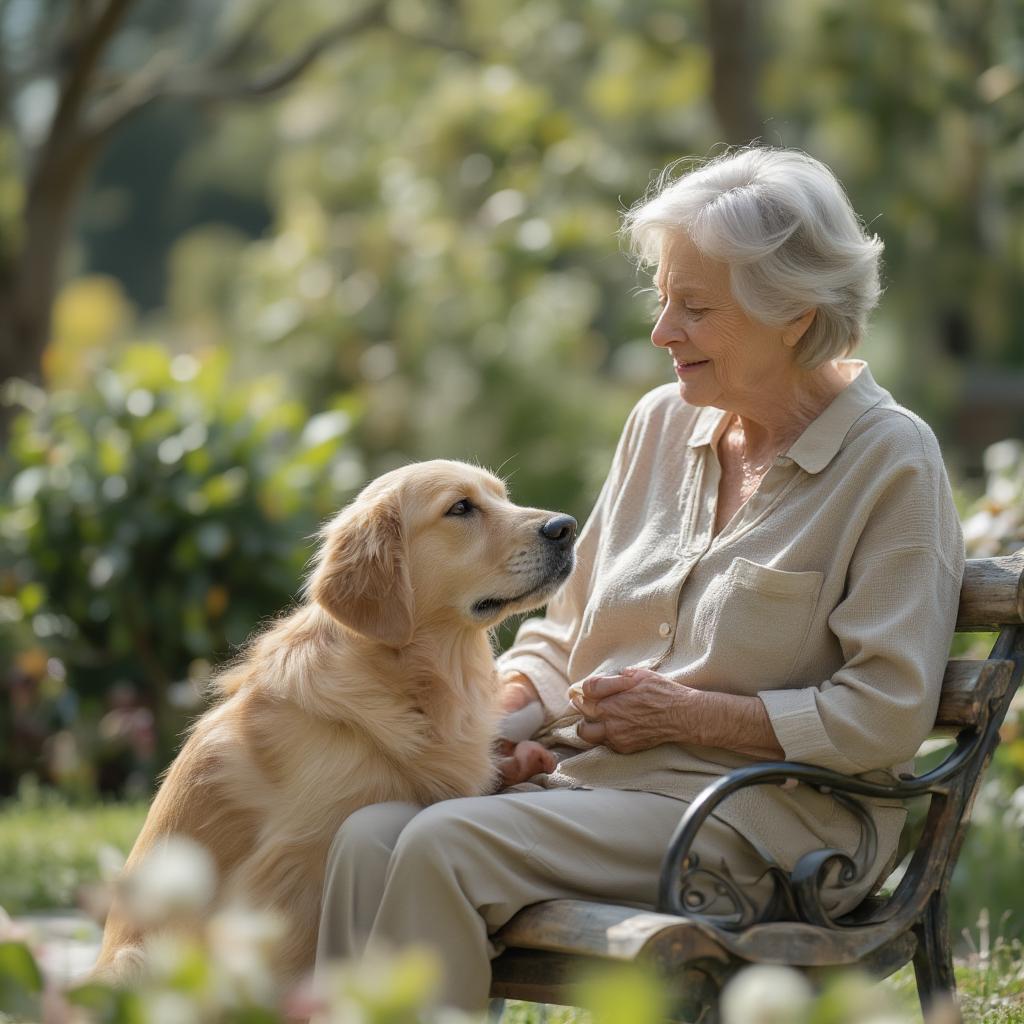 Senior Woman and Her Golden Retriever Companion