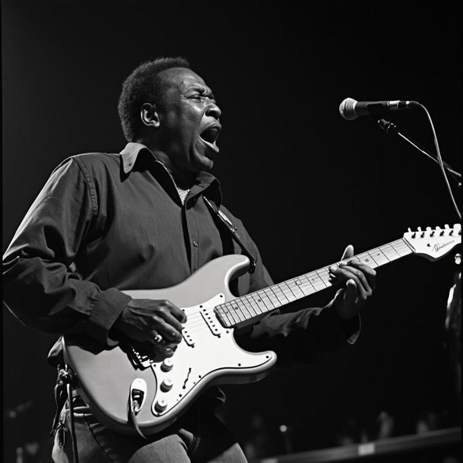 Muddy Waters playing his electric guitar, a defining figure in the Chicago blues scene.