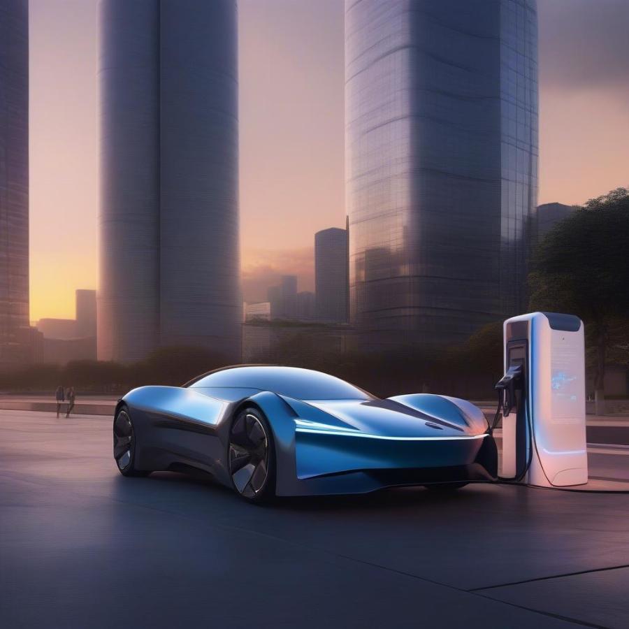 Electric Supercar Charging at a futuristic station