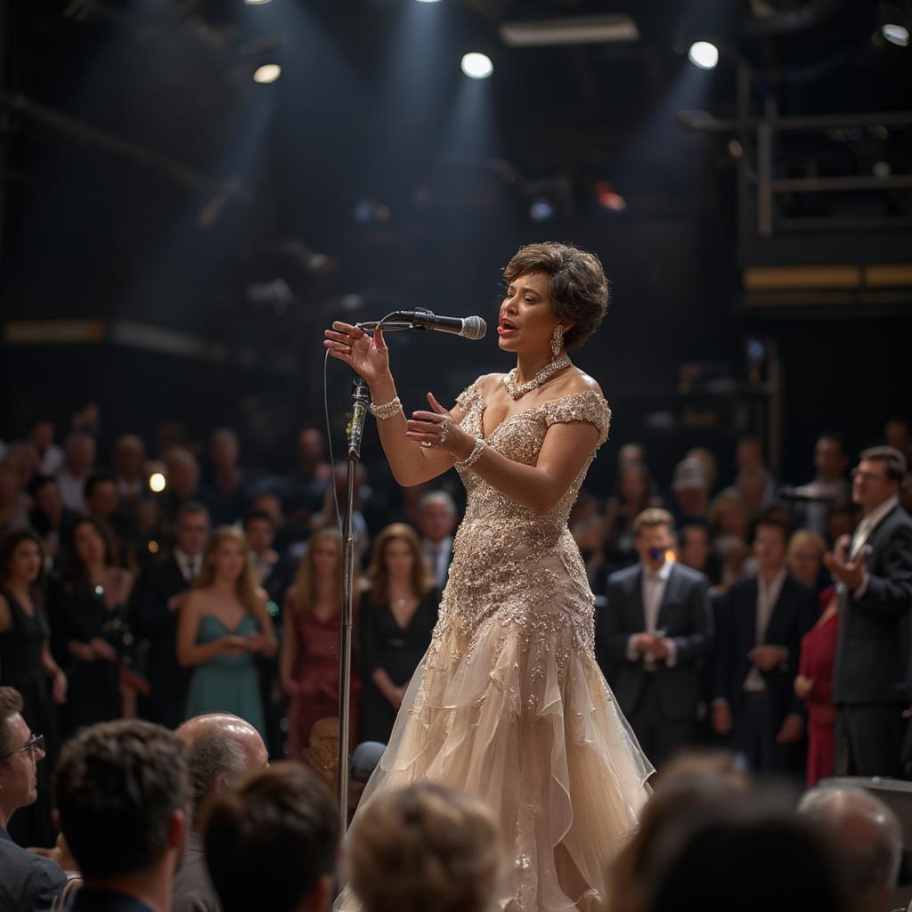 Ella Fitzgerald performing on stage with a microphone in hand, captivating the audience with her powerful voice.