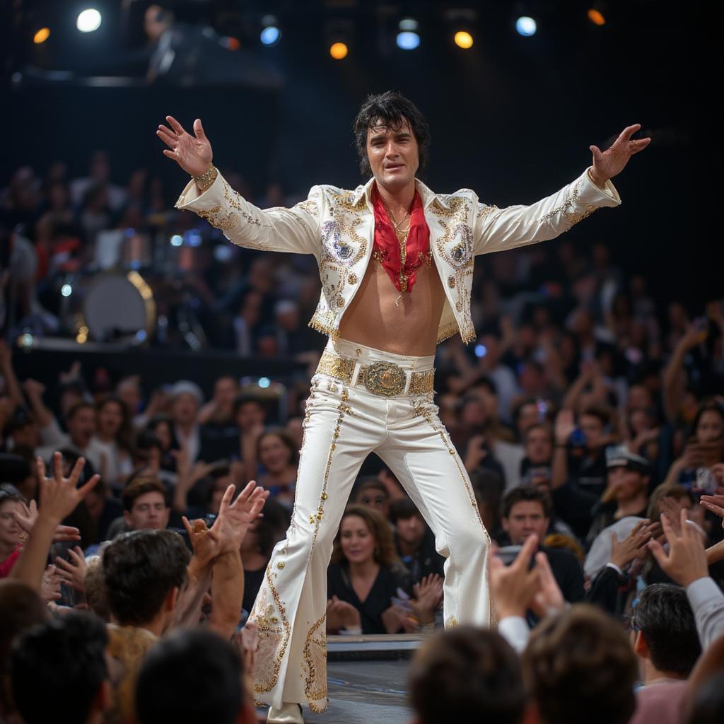 elvis performs his latest flame on stage