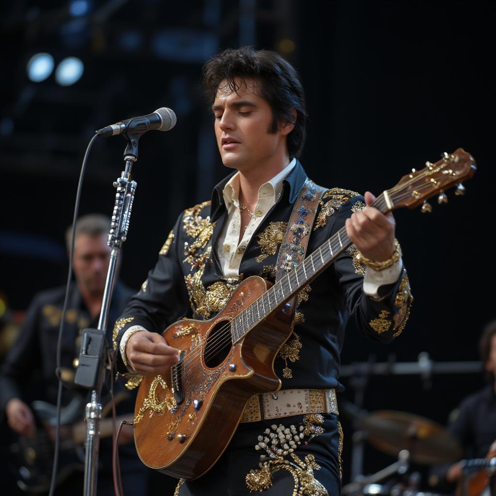 elvis presley holding guitar onstage memphis