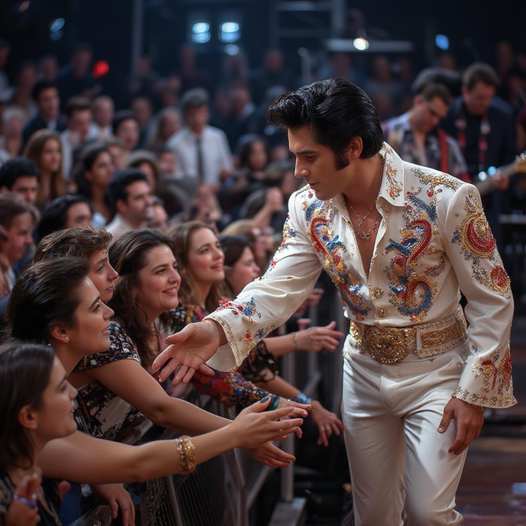 Elvis Presley interacting with the audience during a Jailhouse Rock performance