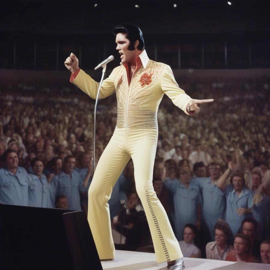 Elvis Presley performing at the Mid-South Coliseum in Memphis