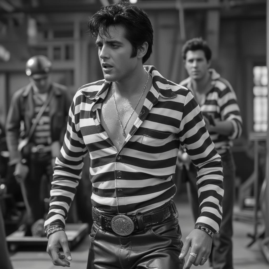 Elvis Presley in a still from the movie Jailhouse Rock, illustrating his impact on film and popular culture.