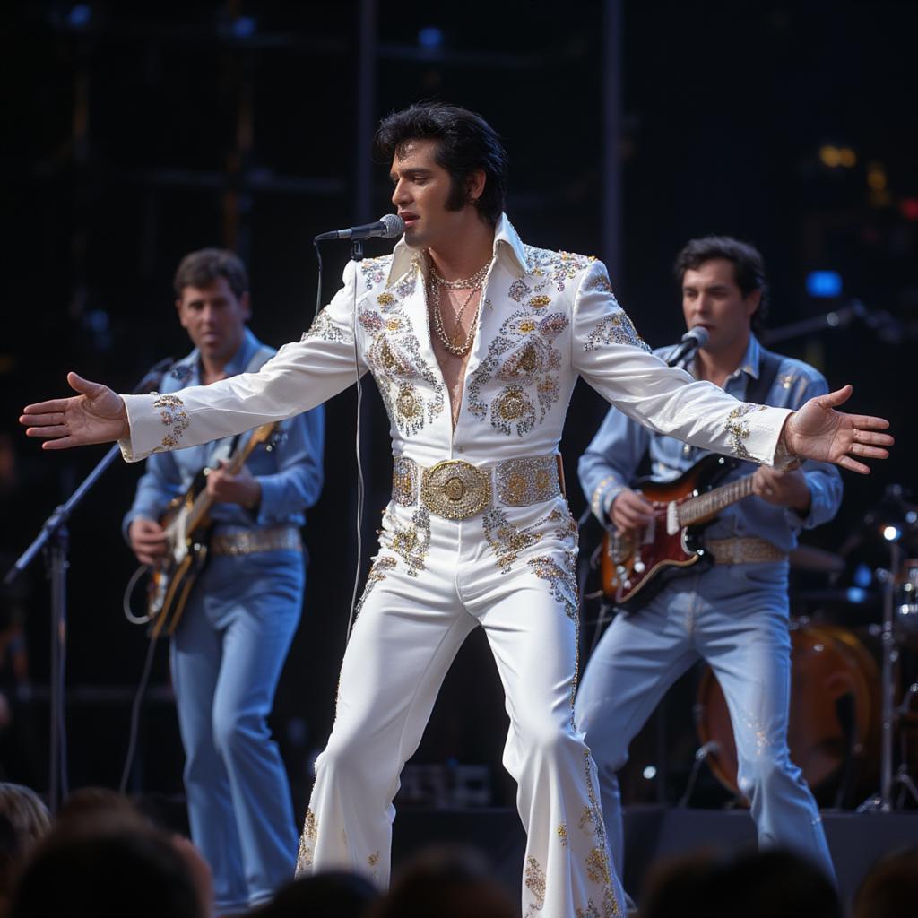 Elvis Presley Performing on Stage with His Band 