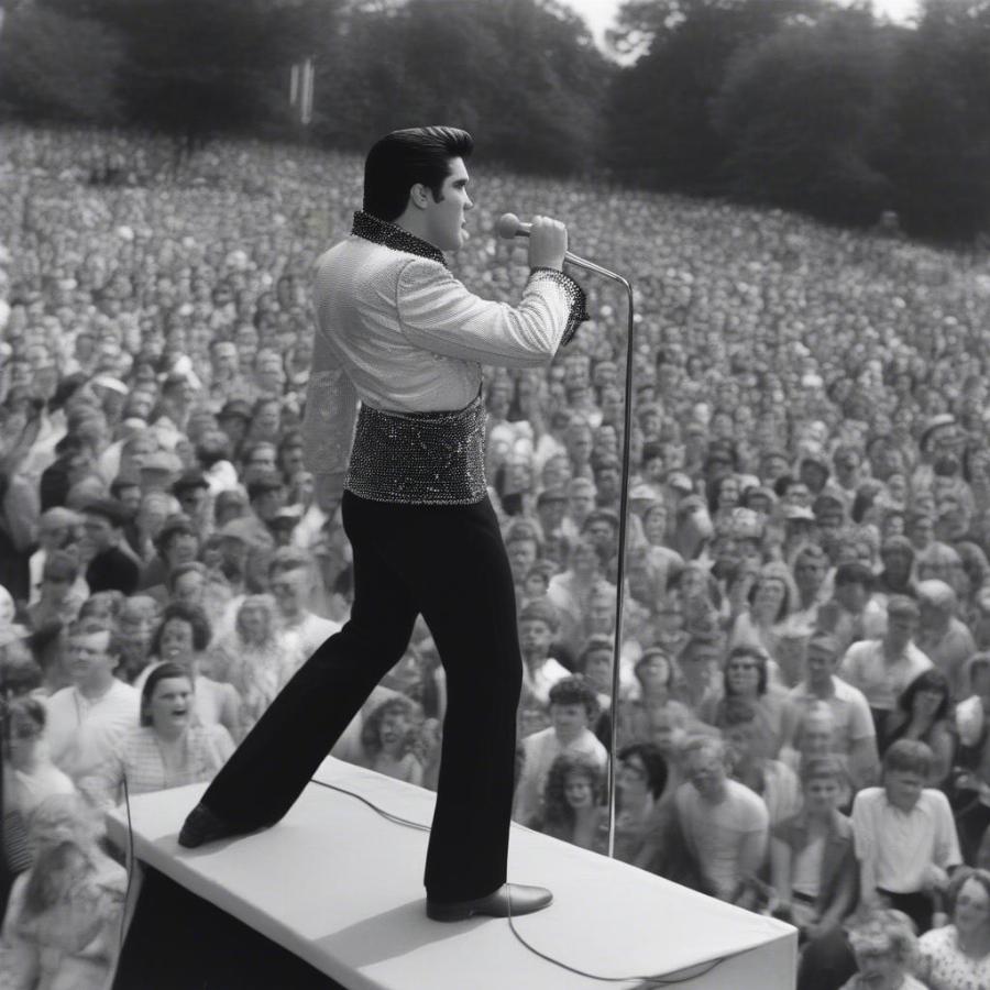 Elvis Presley performing at the Overton Park Shell in Memphis, early in his career.